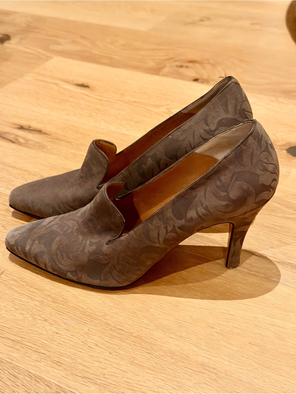Women's Taupe Floral-Embossed Slip-On Heels